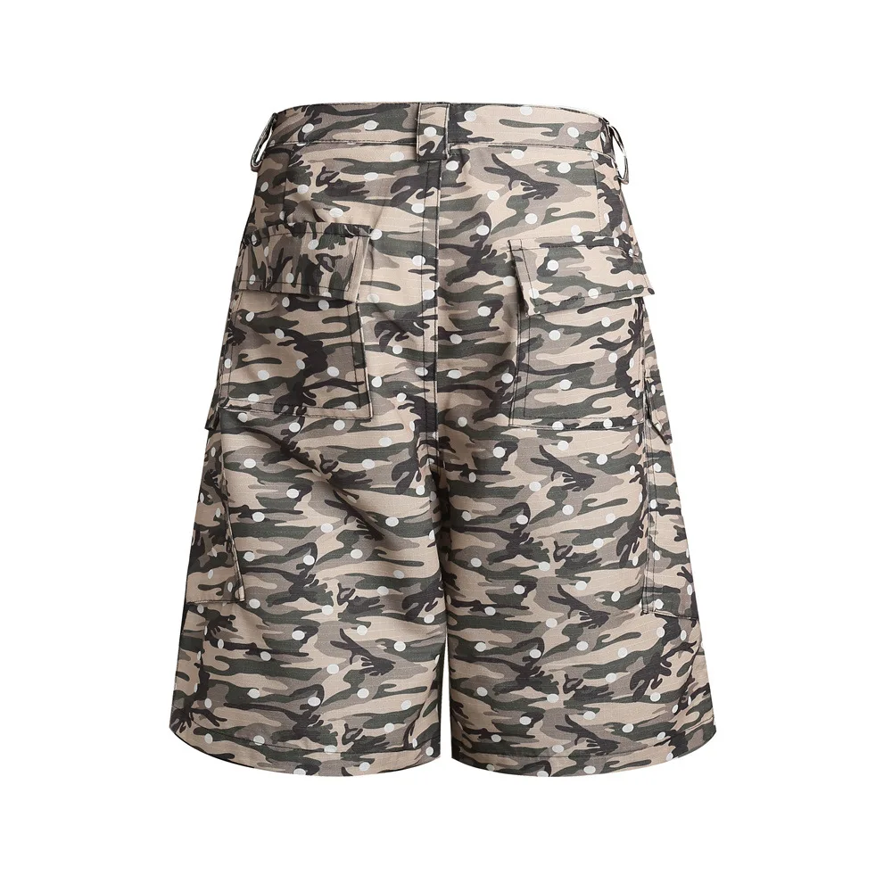 MWJLPWQ Trendy Polka Dot Camouflage Cargo Shorts For Men Summer American Ruched Design Loose Wide-Leg Knee-Length Pants 17463