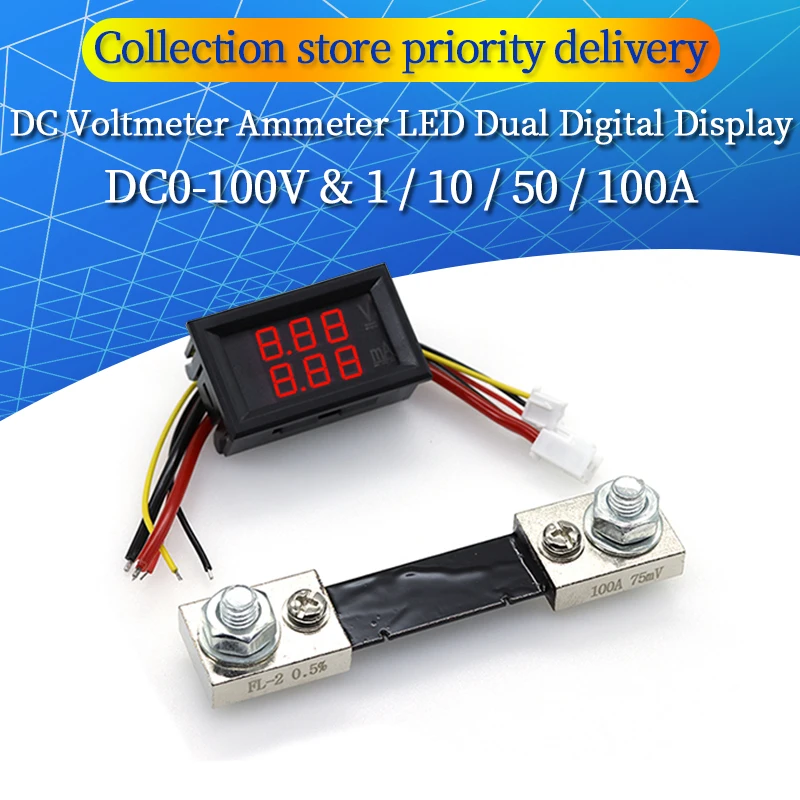 Mini Digital Voltmeter Ammeter DC0-100V 50A 100A Panel Amp Volt Voltage Current Meter Tester Blue Red Dual LED Display Javino