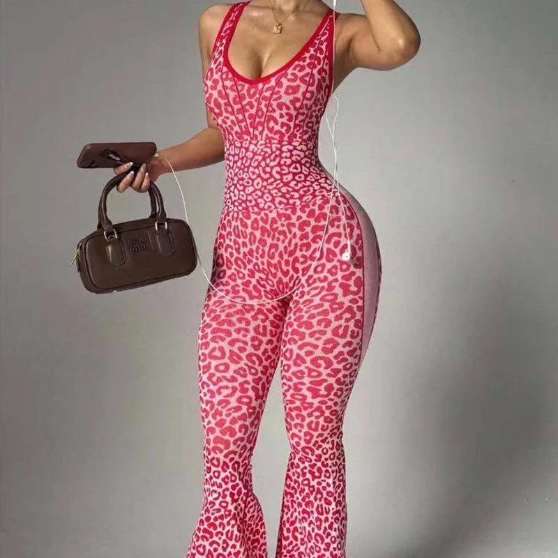 Women's Seamless Leopard & Polka Dot Print Crisscross Back Yoga Jumpsuit Fitness Bodysuit