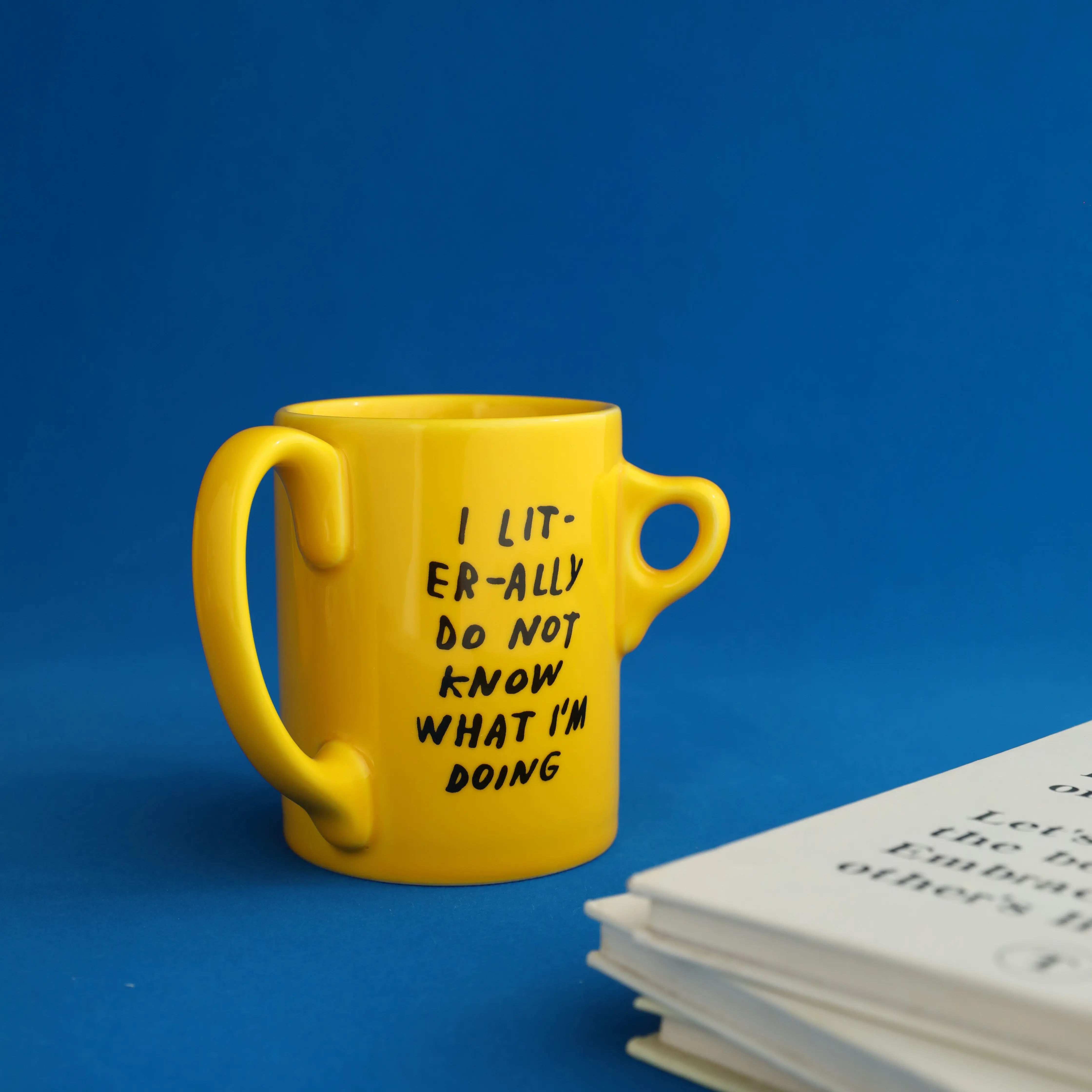 Ceramic Mug with Yellow Three Handles Wacky Interesting Convenient 