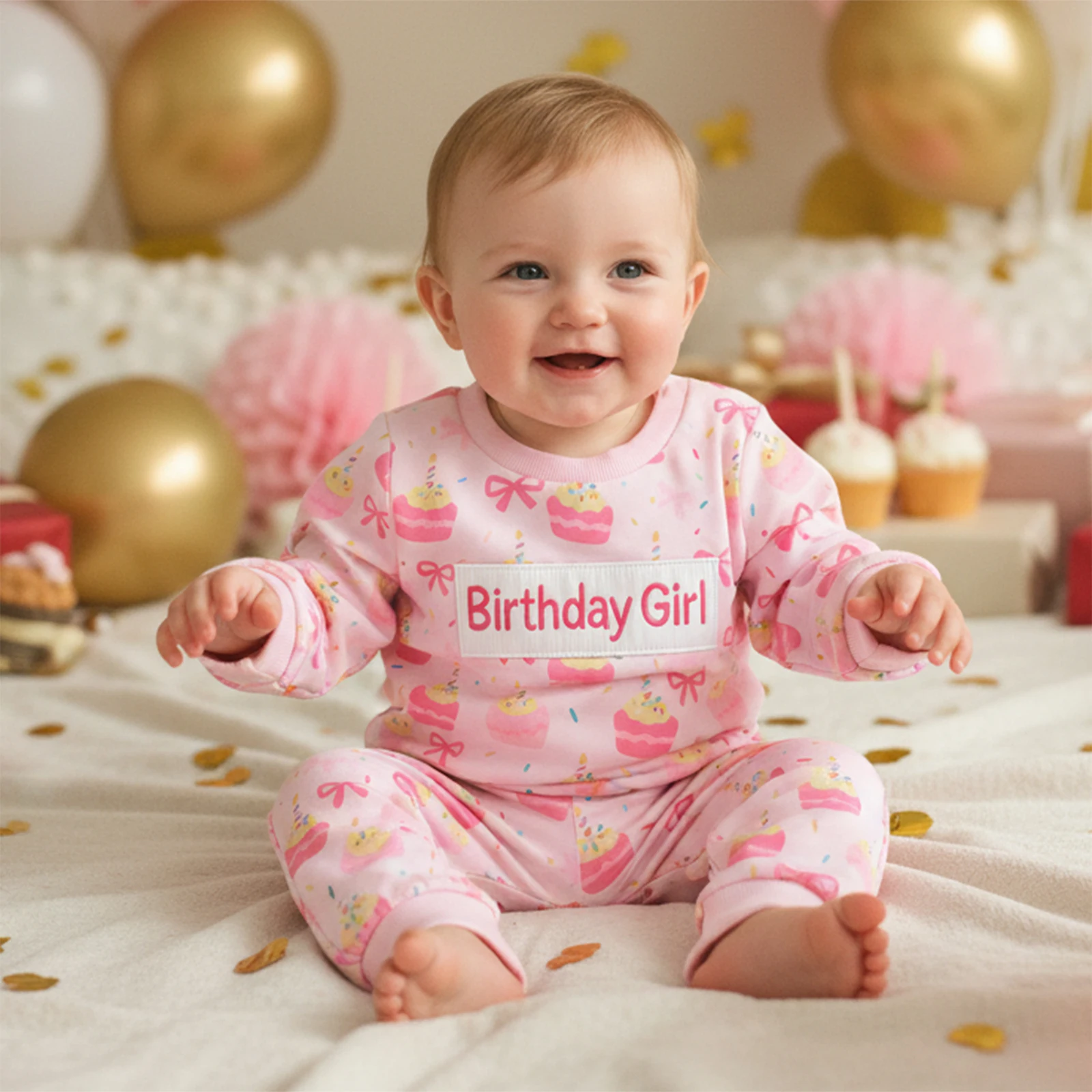Toddler Baby Girl Birthday Outfits Letter Embroidered Cake Bow Print Long Sleeve Sweatshirt and Pants 2 Pcs Set