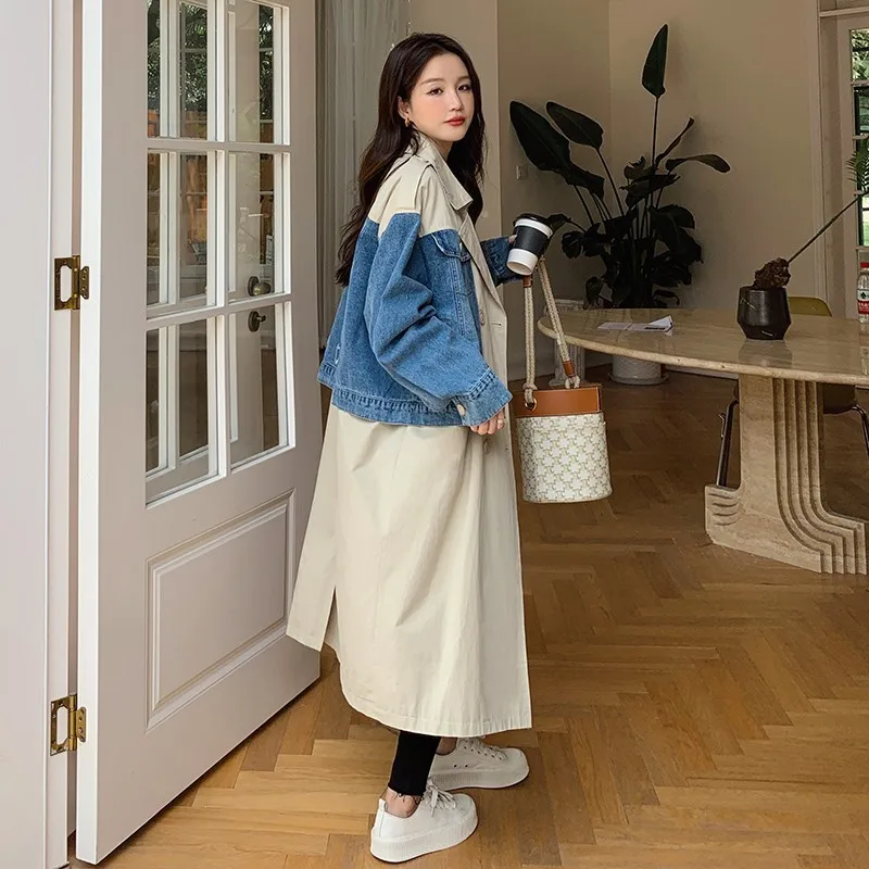 Denim Stitching Trench Coat For Women 2023 Spring New Lapel Double Breasted Loose Fashion Long Windbreaker