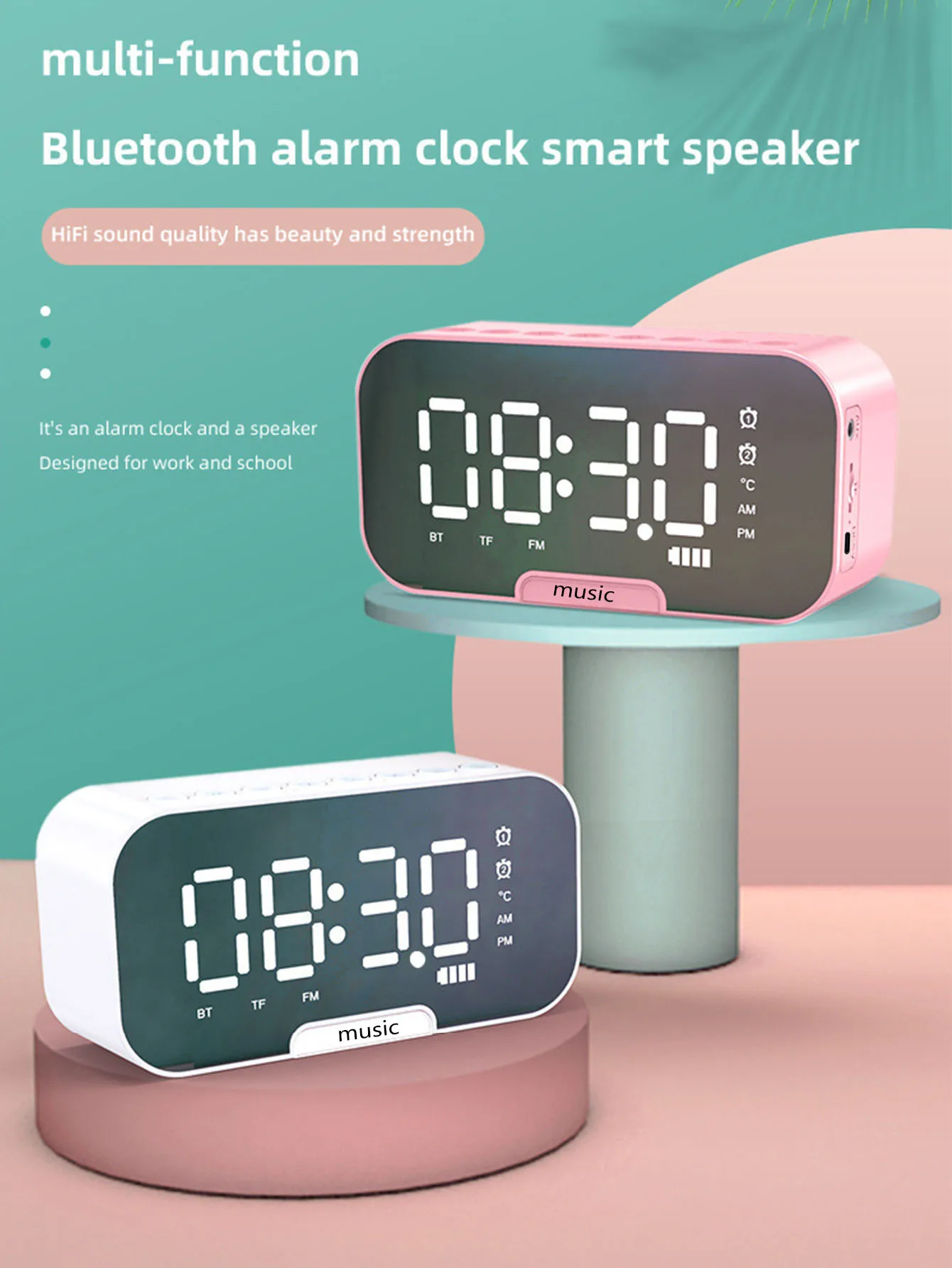 Portable Bluetooth Speaker Clock, Set Mirror Clock, Dual Alarm Clock, Card Playback, Fm Radio with Integrated Subwoofer, Long Battery Life The Perfect Fusion of Music and Time, Enjoy a Multi-Functional and Convenient Experience