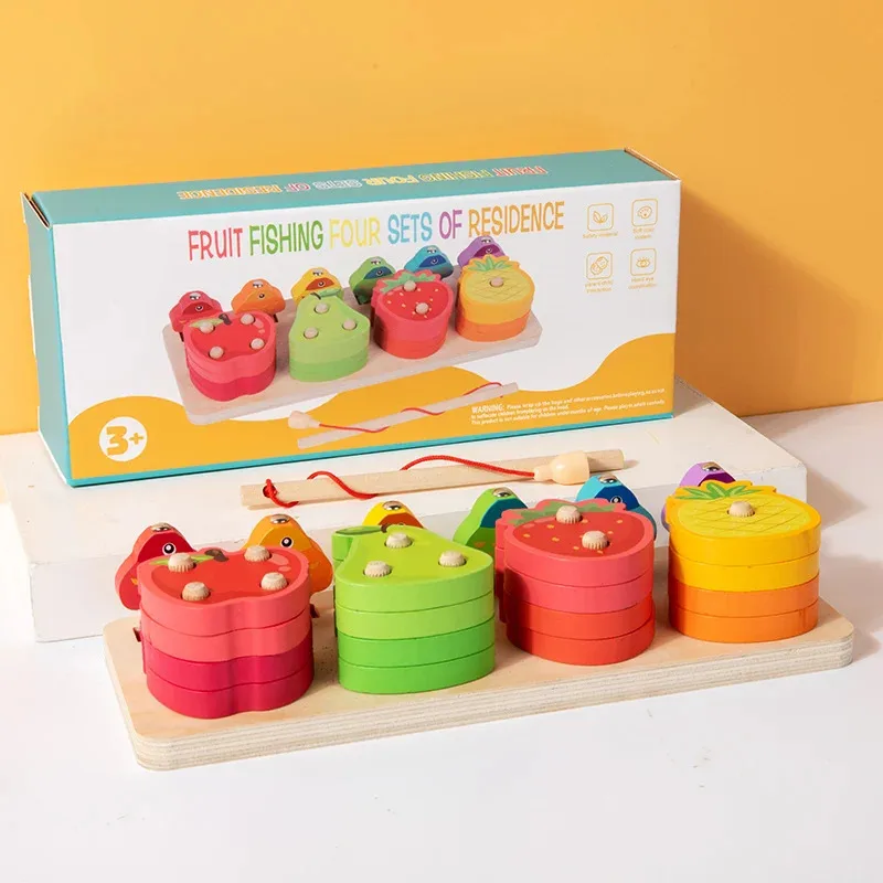 TEMIKIDS Kinderen Vroeg Onderwijs Puzzel Speelgoed Intellectueel Stapelen Houten Speelgoed Kleurherkenning Fruit Classificatie Fis