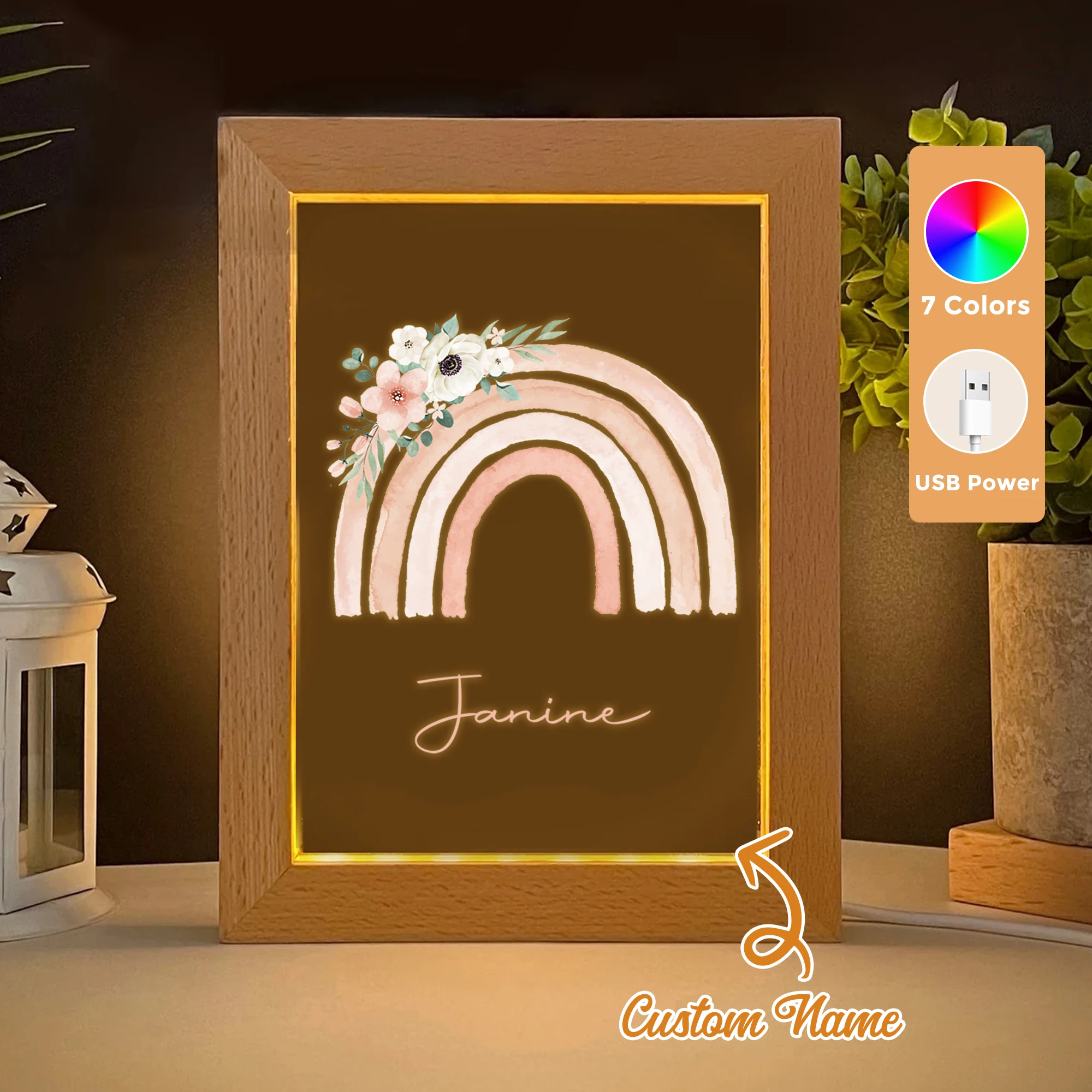 

2D Flat Custom Name Rainbow LED Acrylic Night Light Wood Photo Frame 21x17cm Cartoon Children Bedroom Gifts Home Decor