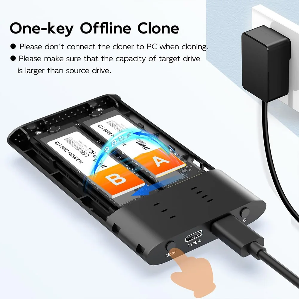 MAIWO Dual Bay M.2 NVMe SSD Enclosure with Offline Clone, 20Gbps USB3.2, Tool Free, All Metal Case, 16TB Capacity