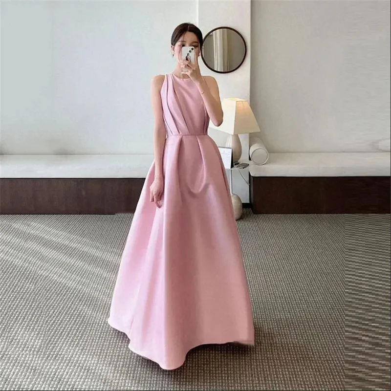 

Customized Pink Satin Korea Women Prom Dresses A Line O-Neck Pleated Formal Elegant Evening Party Gowns Special Occasion Dress