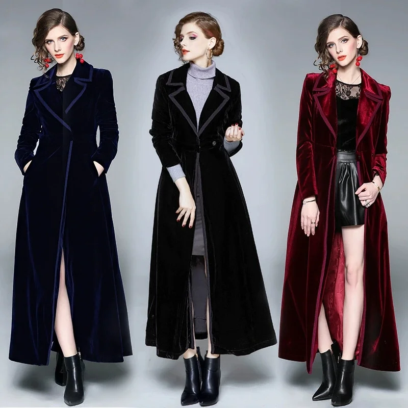 2025 Fashion Overlength Pleuche Trench Coat Women's Golden Velvet Windbreaker Spring Autumn Streetwear Outerwear Slim Overcoat