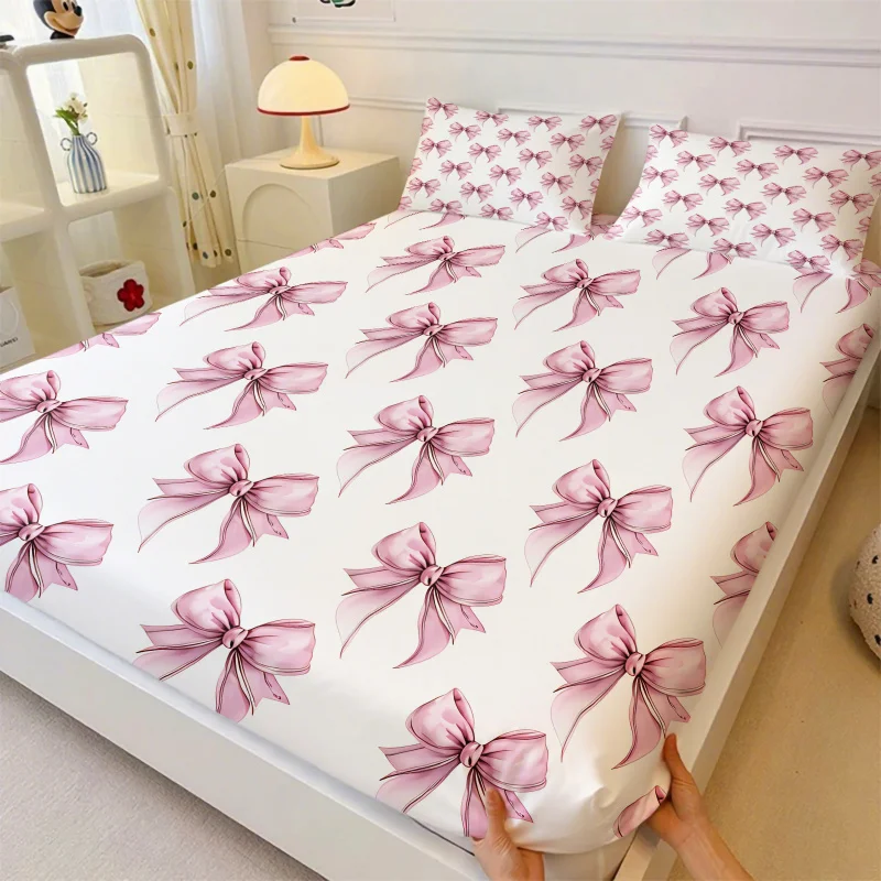 3Pcs Pink Bow Fitted Sheet With 2 Pillowcases Cute Coquette Aesthetic Print Anti-Slip Soft Breathable Bed Linen For Girl Bedroom