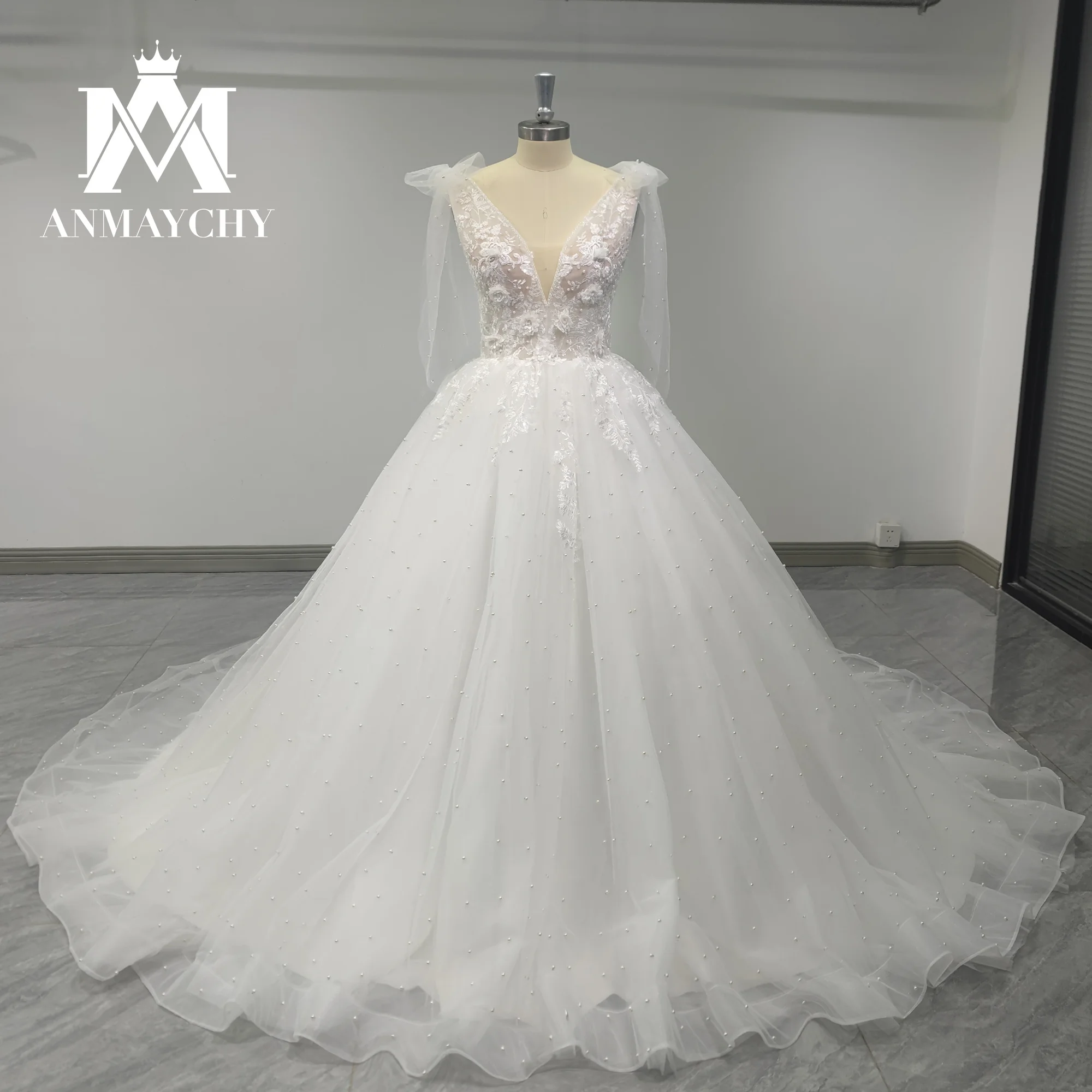 ANMAYCHY Ball Gown Wedding Dresses For Women 2023 V-neck Embroidery Beading 3D Flowers Real Show Wedding Gown Vestidos De Novia