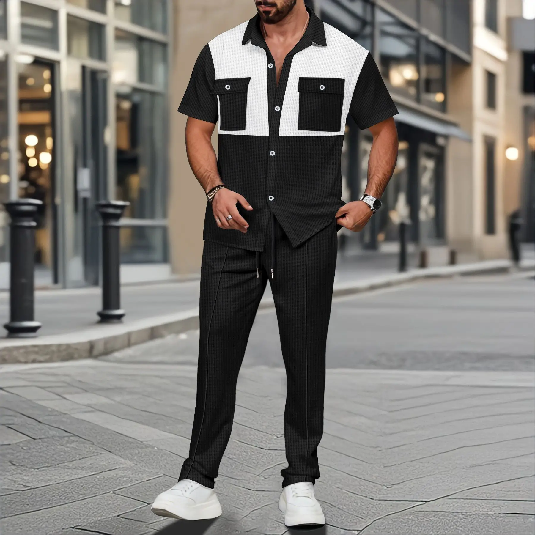 

2025 Spring and Summer New Men's Waffle Grid Breasted Pocket Color Short-sleeved Shirt Pants Two Sets