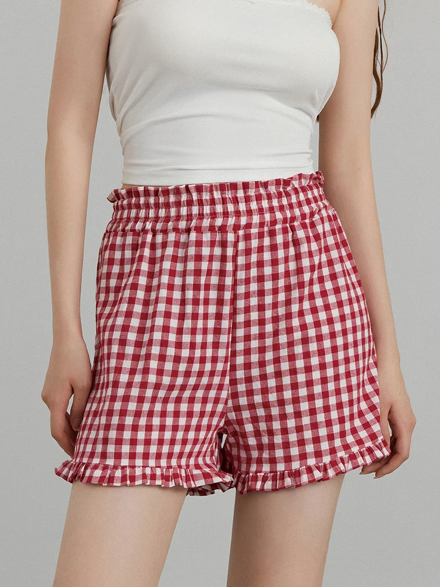 Women Gingham Shorts Y2K Ruffle Hem Plaid Shorts High Waist Lounge Pajama Boxer Shorts Pj Bottom Going Out Shorts