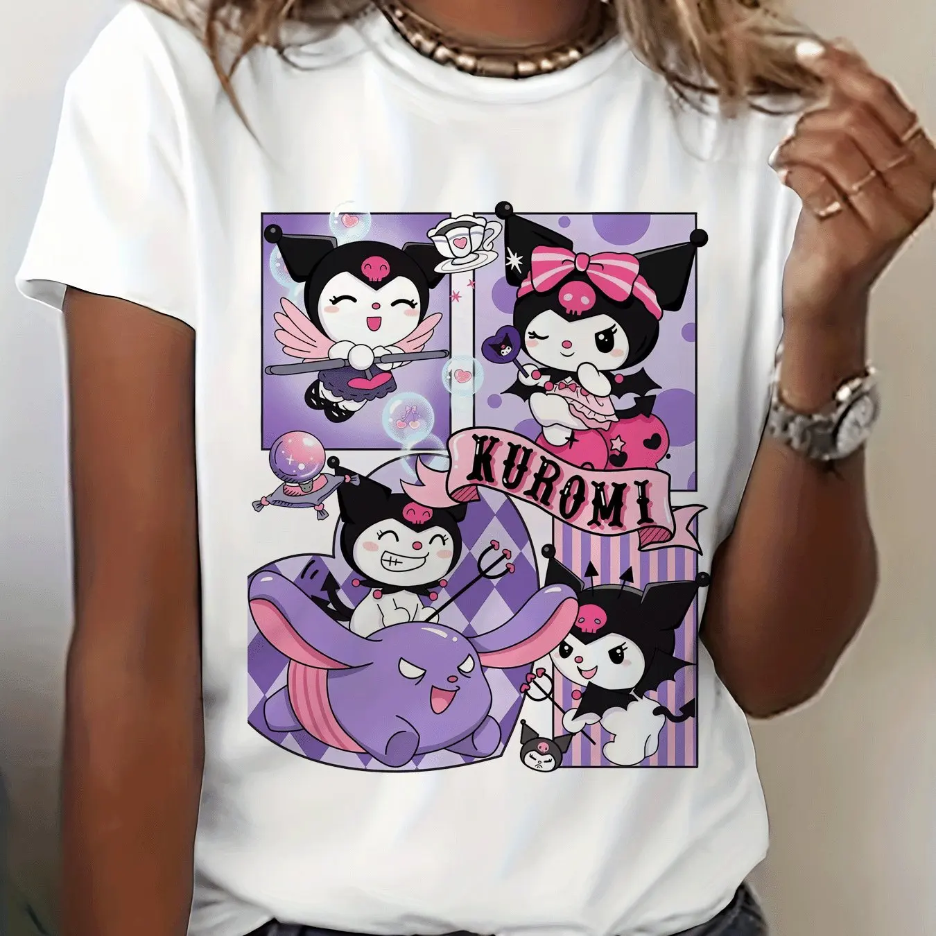 

Women's Kuromi Graphic Print T-shirt Short Sleeves Crew Neck Casual Top Character Design Perfect for Summer and Spring