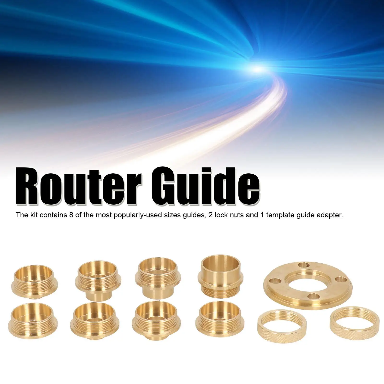 Latão Template Router Guides Set and Lock Nut Adapter, Kit de ferramentas para madeira aparador, Acessório máquina, 11pcs