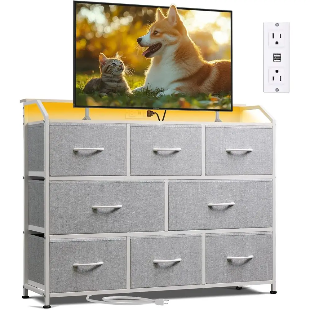 

Modern TV Stand with Power Outlets, LED Lighting, Fabric Chest of Drawers with Open Shelves, Wood Top, Steel Frame, 6 Drawer Dre