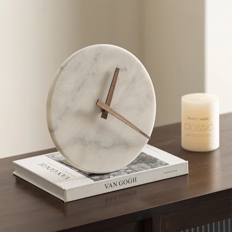 

High-Grade Jazz White Marble Office Cabinet Clock Desktop Clock Light Luxury Simple Modern Decorative Ornaments Ornaments
