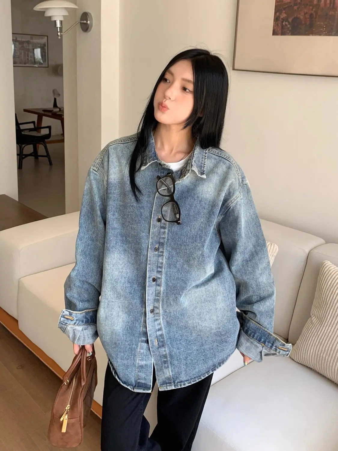 

Women's Retro Long Sleeved Blue Denim Shirt Casual Street Style Tops Female Loose Single Breasted Thin Coat