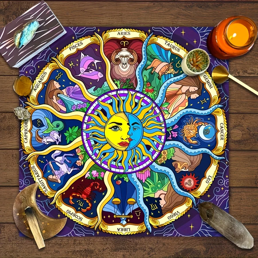 50/75/110/137cm Astrology Ceremony Tablecloth Black White Zodiac Tarot Mat Stain Resistant Meditation Divination Energy Healing