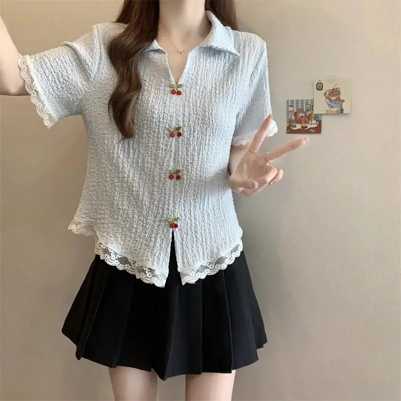 

Женская футболка с короткими рукавами Sweet Lace в сочетании с вишневым принтом, новый летний топ