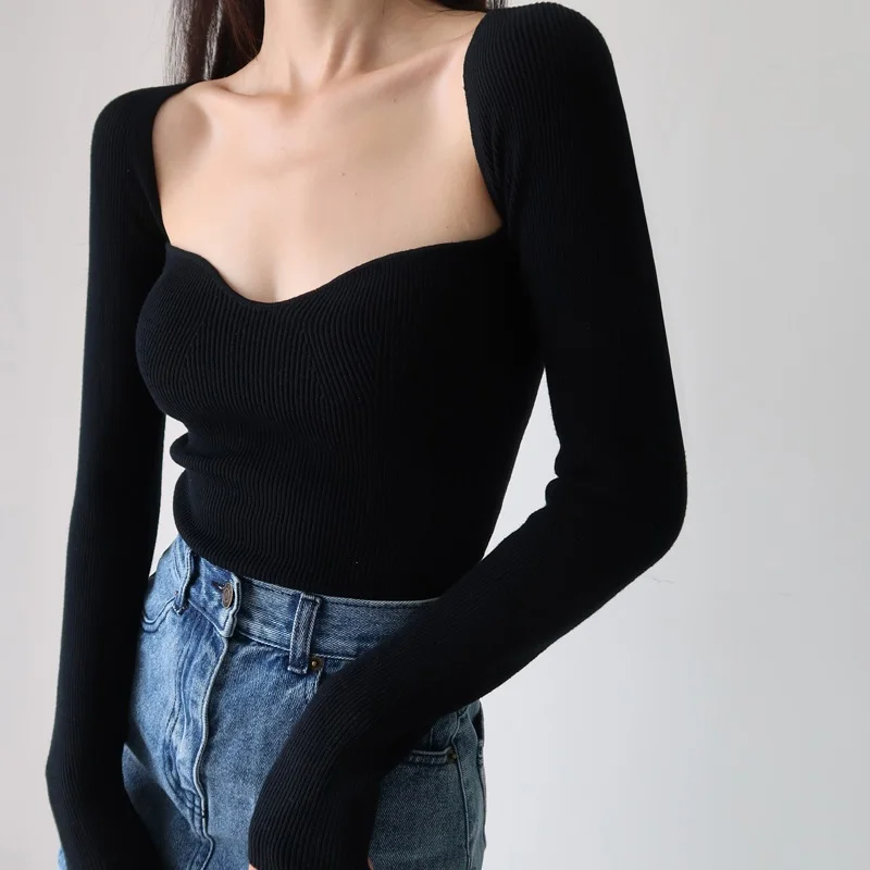 

Square Collar Knitted Base Shirt Women's Inner Wear Autumn Winter Fashionable Fur Sexy Clavicle Atmosphere Knitwear Top