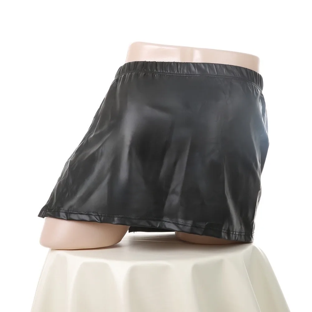 Men PU Side Opening Skirt Faux Leather Boxer Shorts Underwear Solid Underpants High Side Split Bodycon Short Skirt Sexy Lingerie