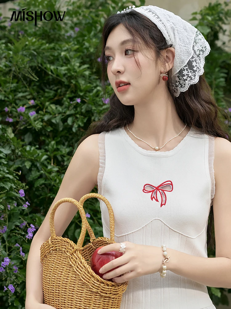 

MISHOW Bow Hollow Out Knied Camisole Vest Summer 2024 Lace Stitching Cuffs Tanks Female Casual Sleeveless Bottom Top MXD24Z0470