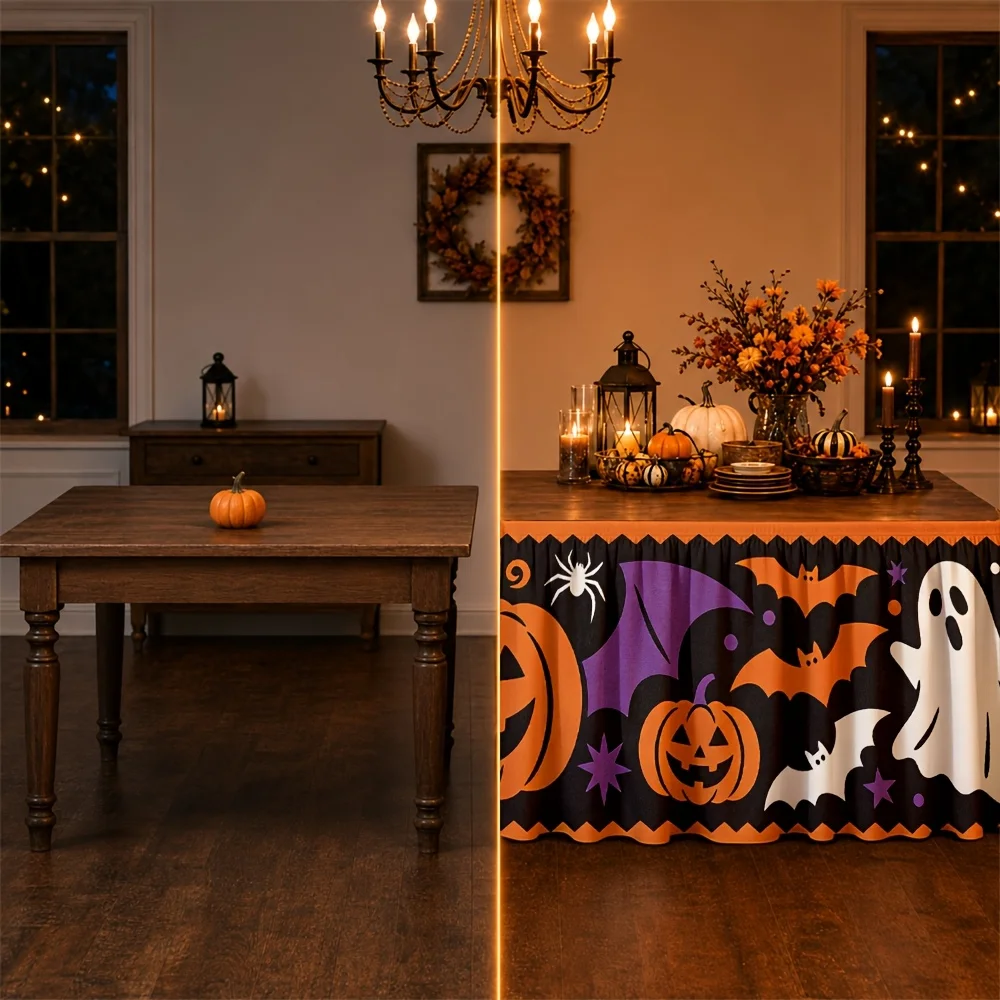 Halloween-themed tablecloth, featuring terrifying pumpkins, ghosts, bats and stars, in purple and orange colors.zyc