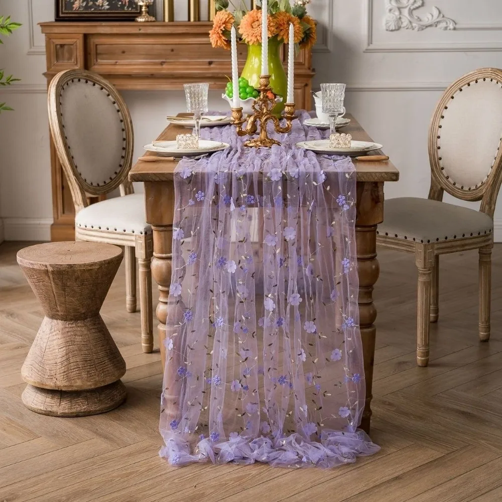 Semi-Transparent Tulle Table Runner Romantic Polyester Embroidered Tablecloth Retro French Style Gauze Tablecloth Holiday