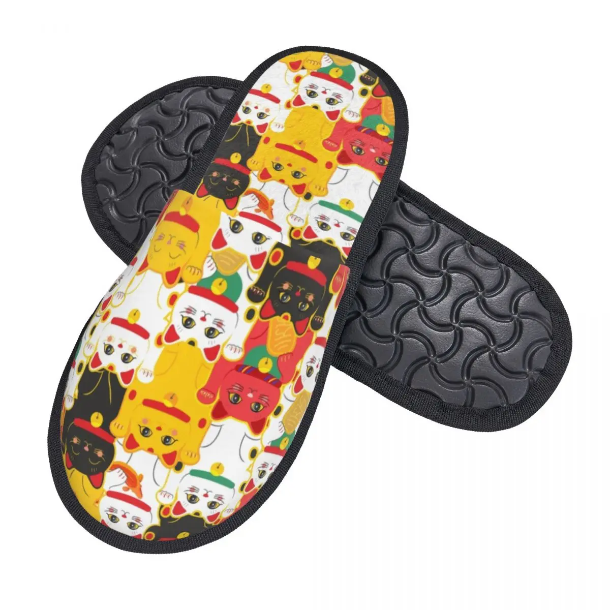 Custom Maneki Neko Waving Memory Foam Slippers Women Comfy Warm Lucky Cat Japanese Charms House Slippers