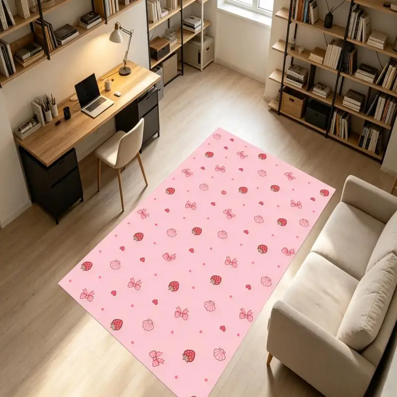 Light Pink Strawberry Bow Shell Print Rug Soft Velvet Living Room Bedroom Home Decor