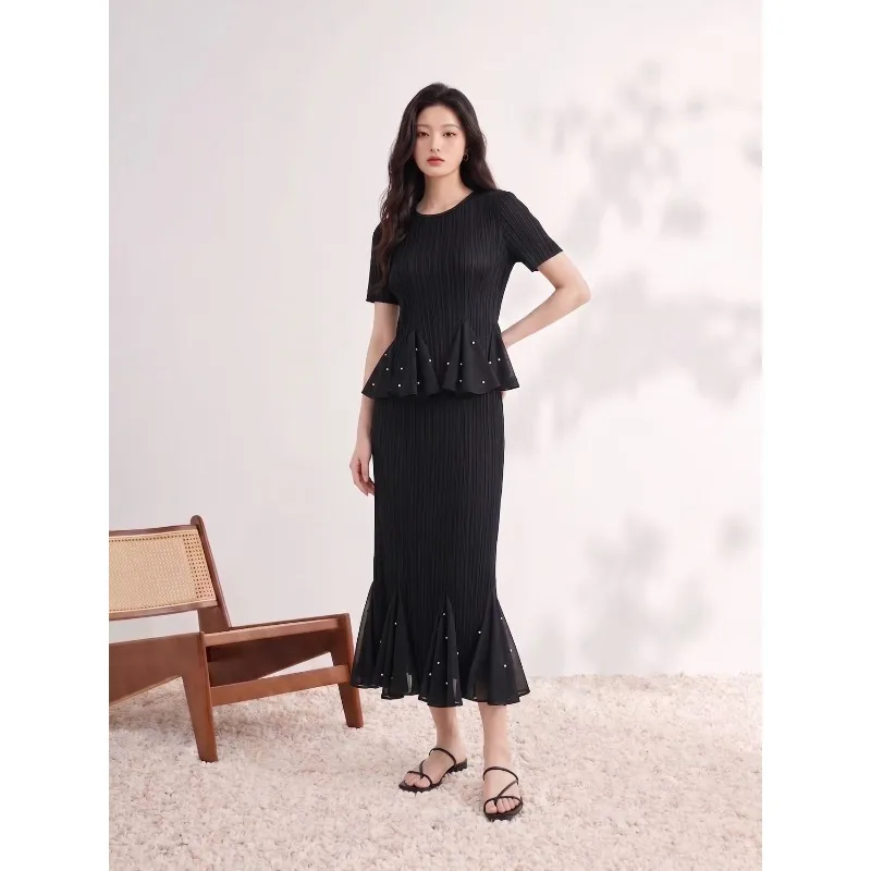 

Miyake Pleated Skirt Set Plisse 2026 Summer New Unique Design Pleats Beaded Solid Color Lace Hem Elegant Fold Set for Women