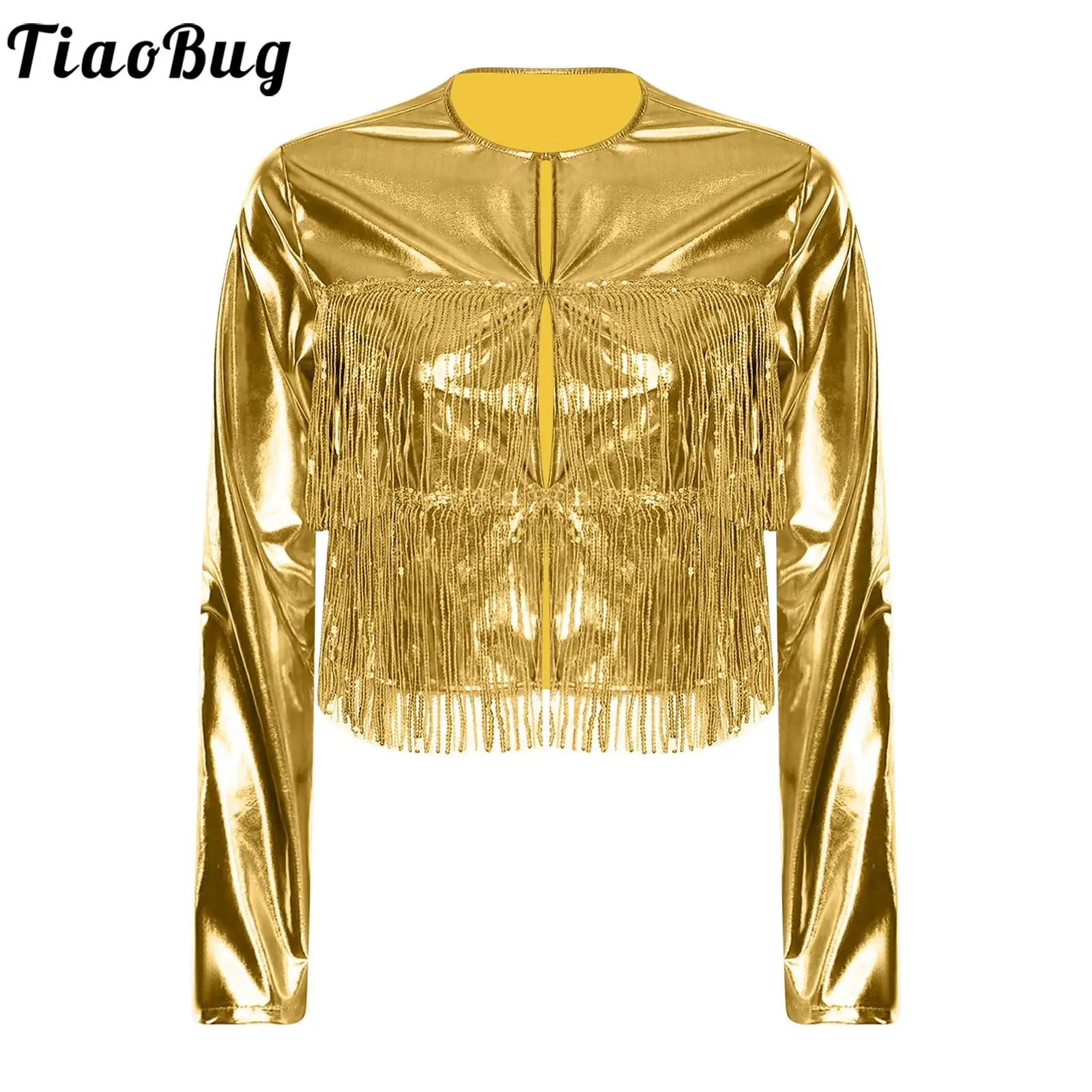 Women Metallic Fringe Jacket Dance Jazz Costume for Party Cowgirl Rock Shiny Tiered Sequin Tassel Long Sleeve Coat Disco Clothes