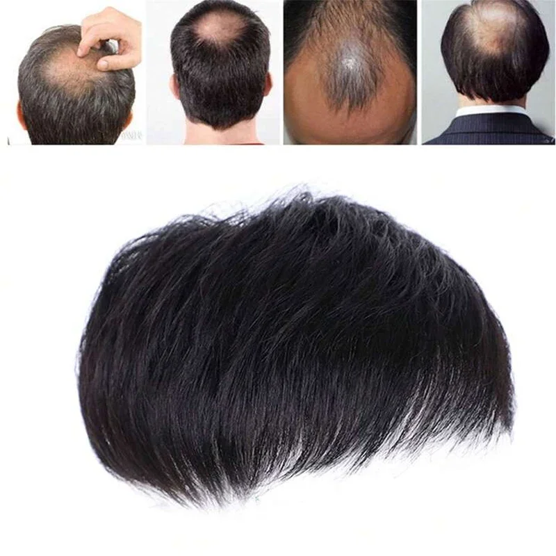 100% Human Hair Men Hairpiece Black False Cover Breathable Hair Net Base  Male Clips-On Wig Effectively Cover Thinning Hair