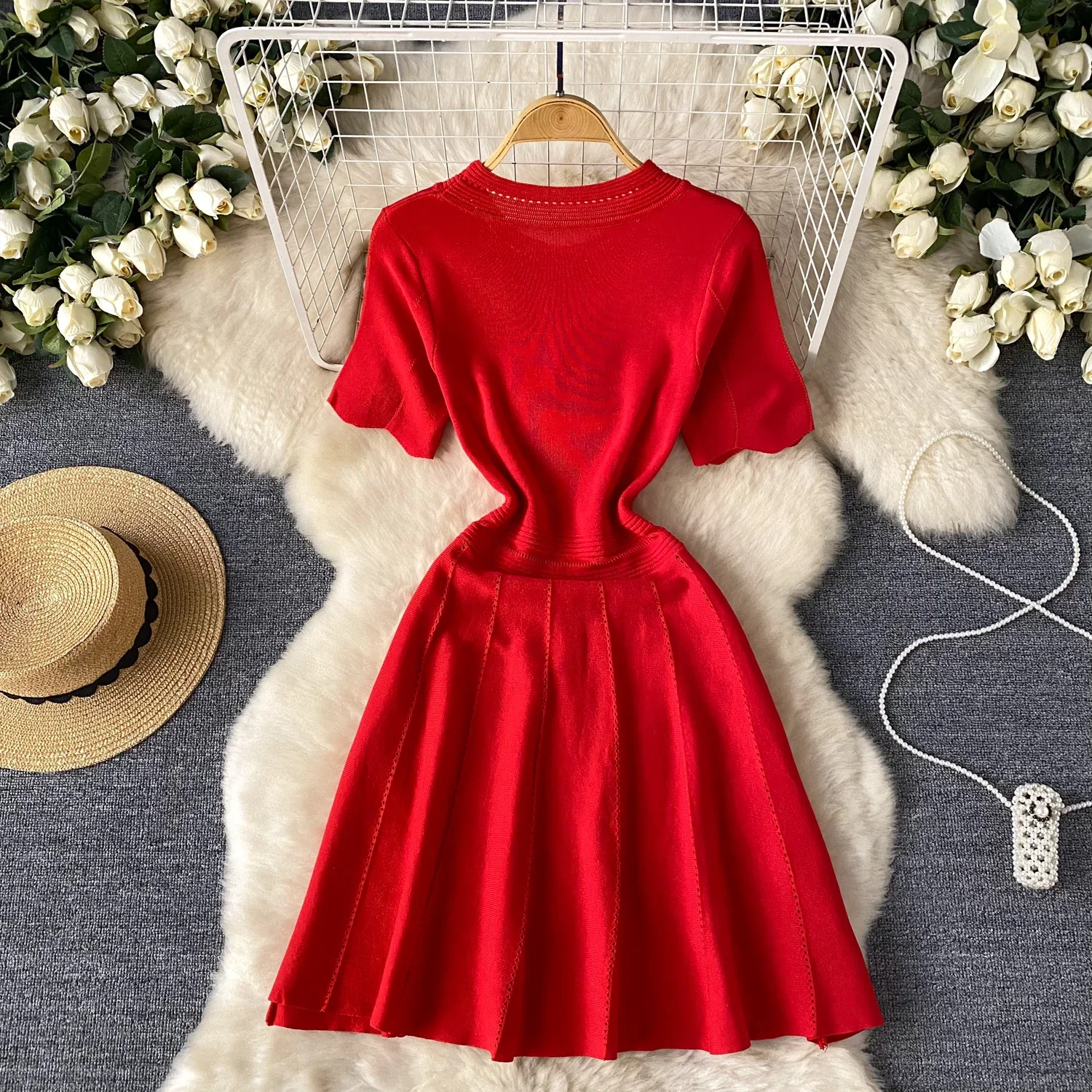 Rotes Senior Solid Strickkleid Damen O-Ausschnitt Kurzarm Hollow Out Design Elastisch Gestrickt Mode Basic A-Linie Kleid