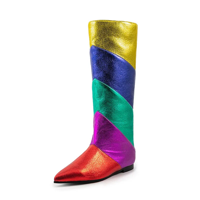 Flat Colorful Knee High Boots Pointed Toe Rainbow Booties Spring Daily Casual Shoes Dress Street Footwear Classic Rubber Sole