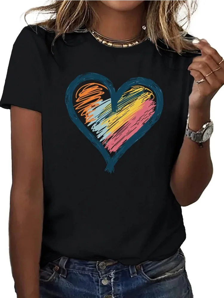 Camiseta Suave Para Mujer Con Diseño Brillante Pintado A Mano En Forma De Corazón Cómoda Informal Con Cuello Redondo