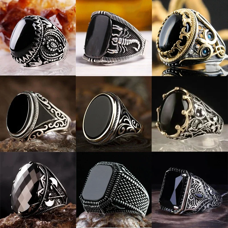 Anillos Vintage de pavo Punk para hombre, joyería de lujo de alta gama, ovalada, geométrica, negra, adecuada para aniversario, fiesta, boda, novedad