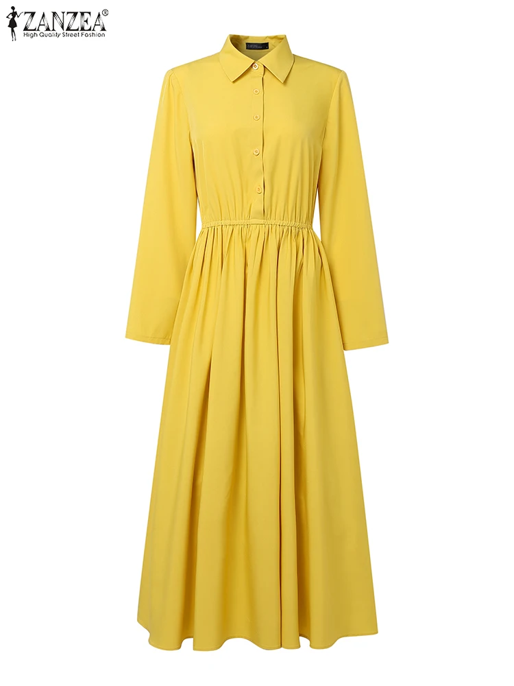 Zanzea feminino elegante camisa longa vestidos sem cinto outono manga longa maxi vestidos 2025 moda plissado escritório festa robe