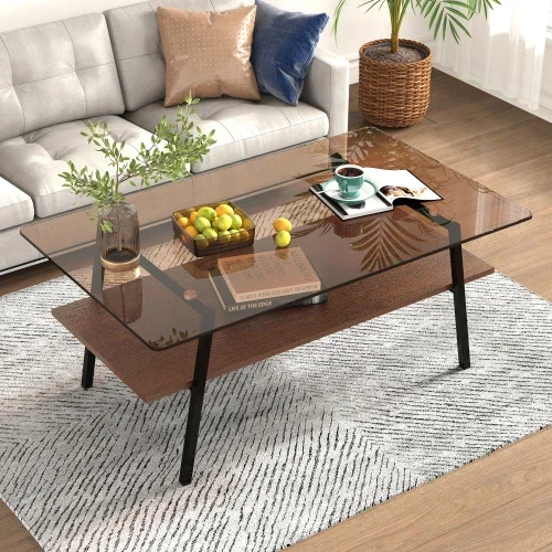 Custom Hot Tempered Glass Desktop Rectangular Coffee Table, Black Metal Legs, Modern Living Room Table, Brown Glass.