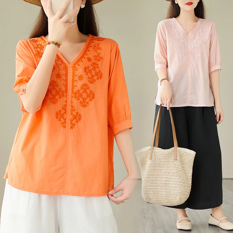 

Новая летняя футболка свободного кроя из хлопка и льна с вышивкой irt Thin ort Sve Pure Color V-Ne, женский модный топ