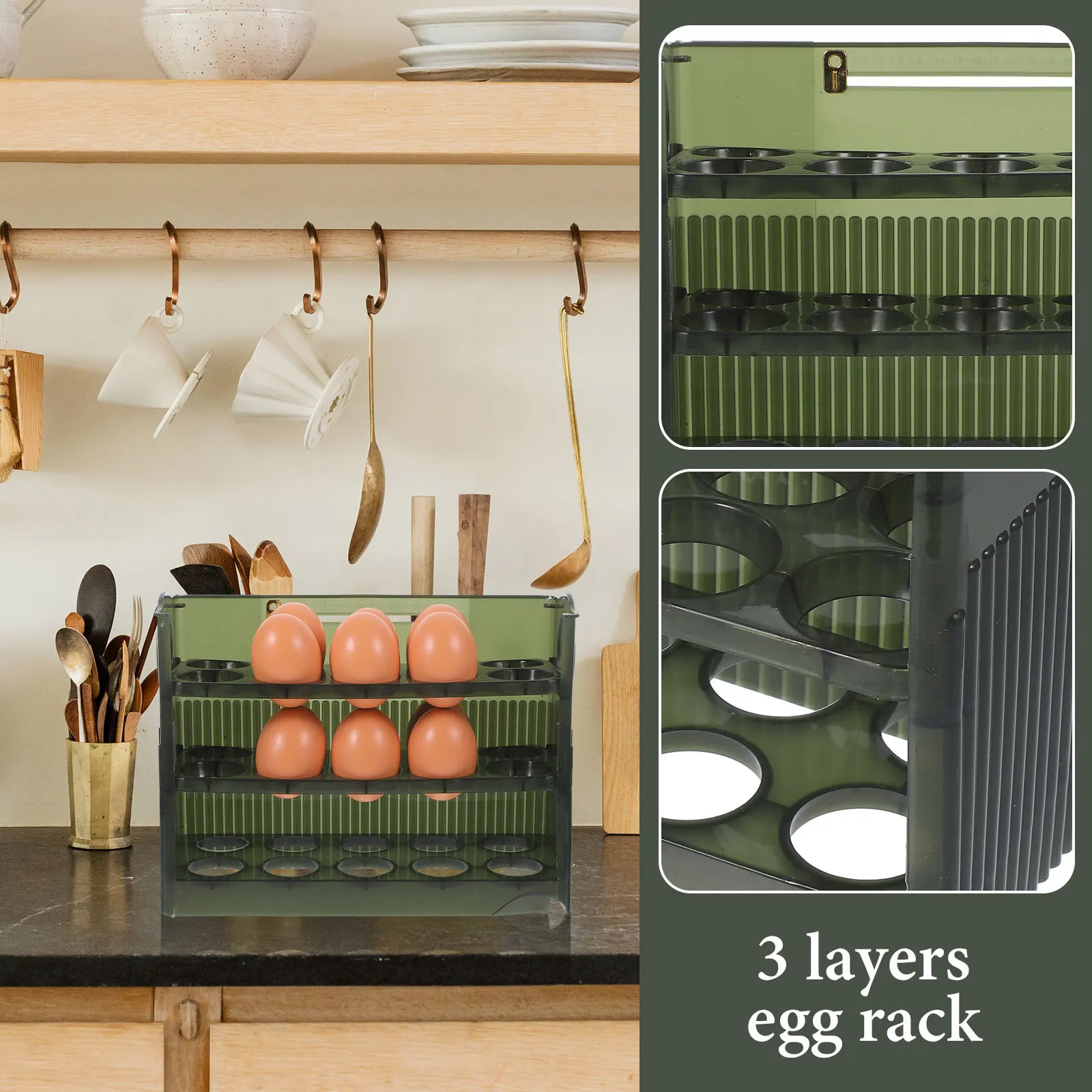 باب الثلاجة 3 طبقات حامل البيض المنظم حامل رفوف المطبخ الثلاجة تخزين البيض آمنة وعملية للتنظيف #5