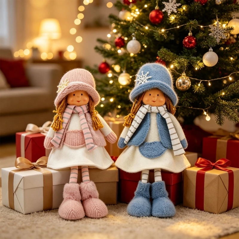 Figurine décorative poupée fille, ornement poupée debout en tissu peluche avec écharpe chapeau pour les chevets