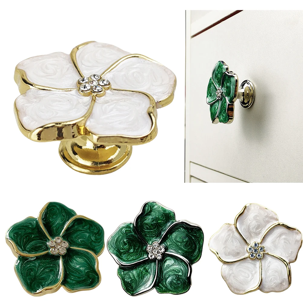 Zinc Alloy Flower Knobs, Diâmetro dos botões, Prata e Verde, Branco, Altura de 24mm, Aprox 45mm, Brand New