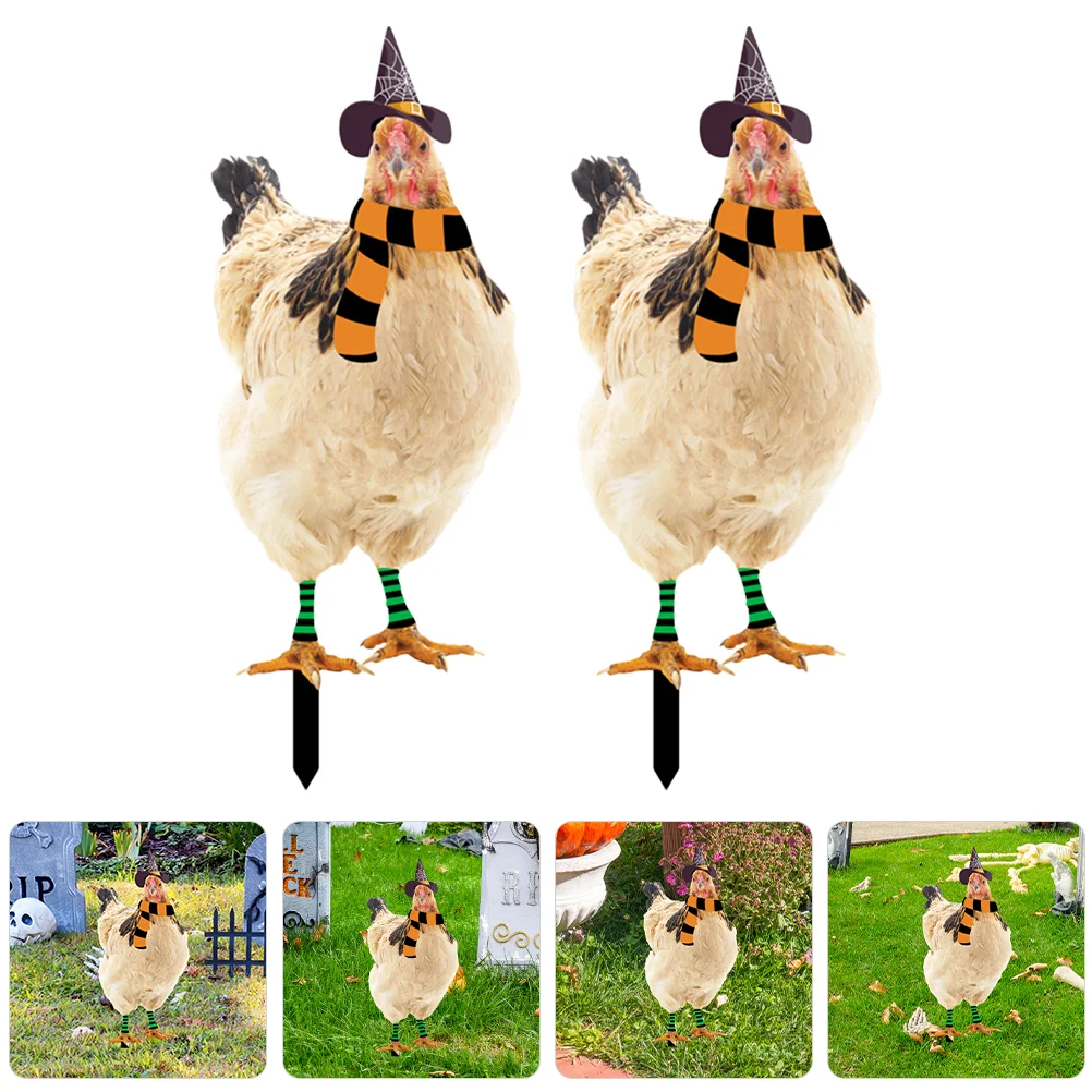 2 Pcs Halloween Hen Yard Ground Insert Garden Cemetery Holiday Decoration Lawn Ornament Chicken Sign Stake Outdoor Wood Pile