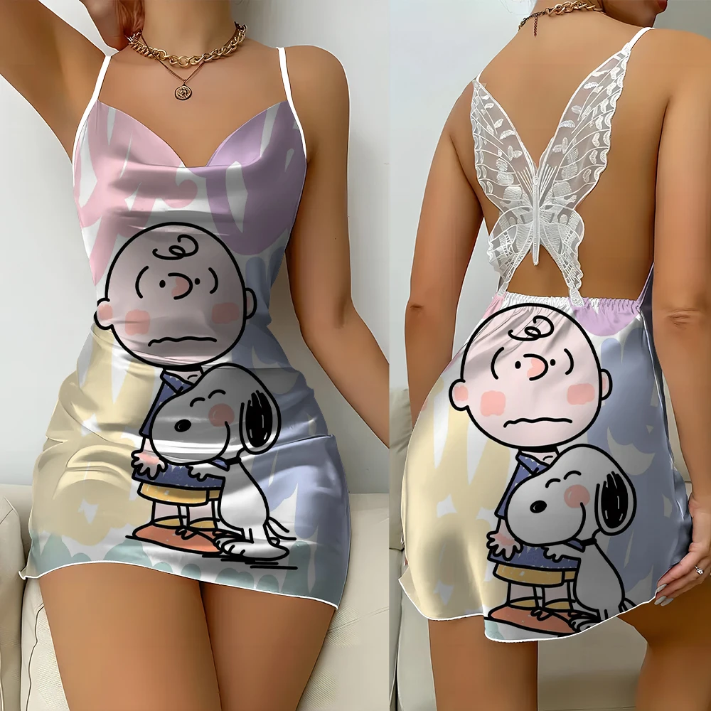 Snoopy Lace Sexy Women's New Summer Nightgown Suspender Print Backless Elegant Luxury Romantic Home Nightdress