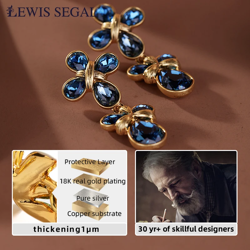 LEWIS SEGAL Crossed Dark Sapphire Drop Earrings for Women Independent Girl Luxury Medieval Style Fine Jewelry 18K Gold Plated