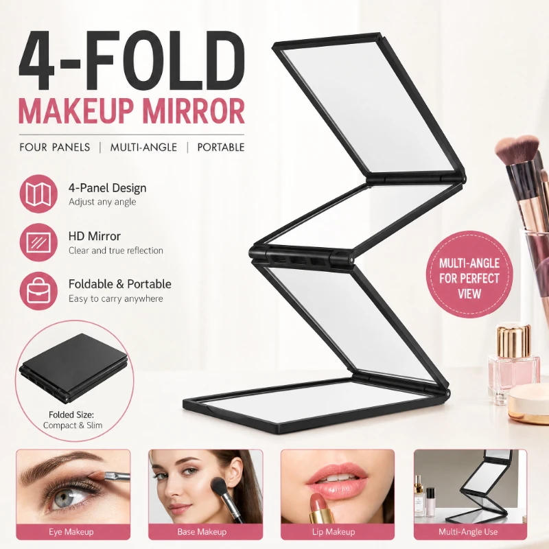 4 Panels Folding Self Hair Cutting Mirror, 360° Multi Angle Portable Makeup Mirror for Shaving Braiding View Back of Head