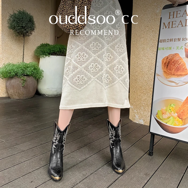 Ods Retro Geborduurde Dames Enkellaarsjes Puntschoen Instapper Dikke Hakken Vrouw Cowboylaarzen Herfst Winter Dames Hoge Heels4142