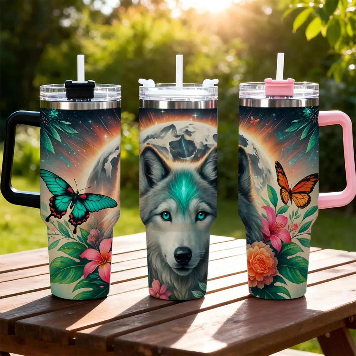 Single 40Oz Stainless Steel Travel Mug with 3Rd Generation Lid, Straw, And Cap - Insulated Tumbler Featuring Wolf And Butterfly Design for Both Hot And Cold Beverages, Reusable, Perfect for Birthday Or Holiday Gifts