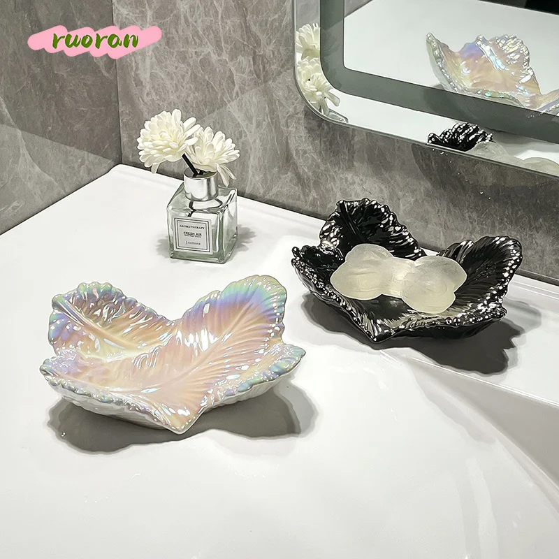 

Ceramic Feather Soap Holder High End Creative Draining Soap Dish for Home Light Luxury